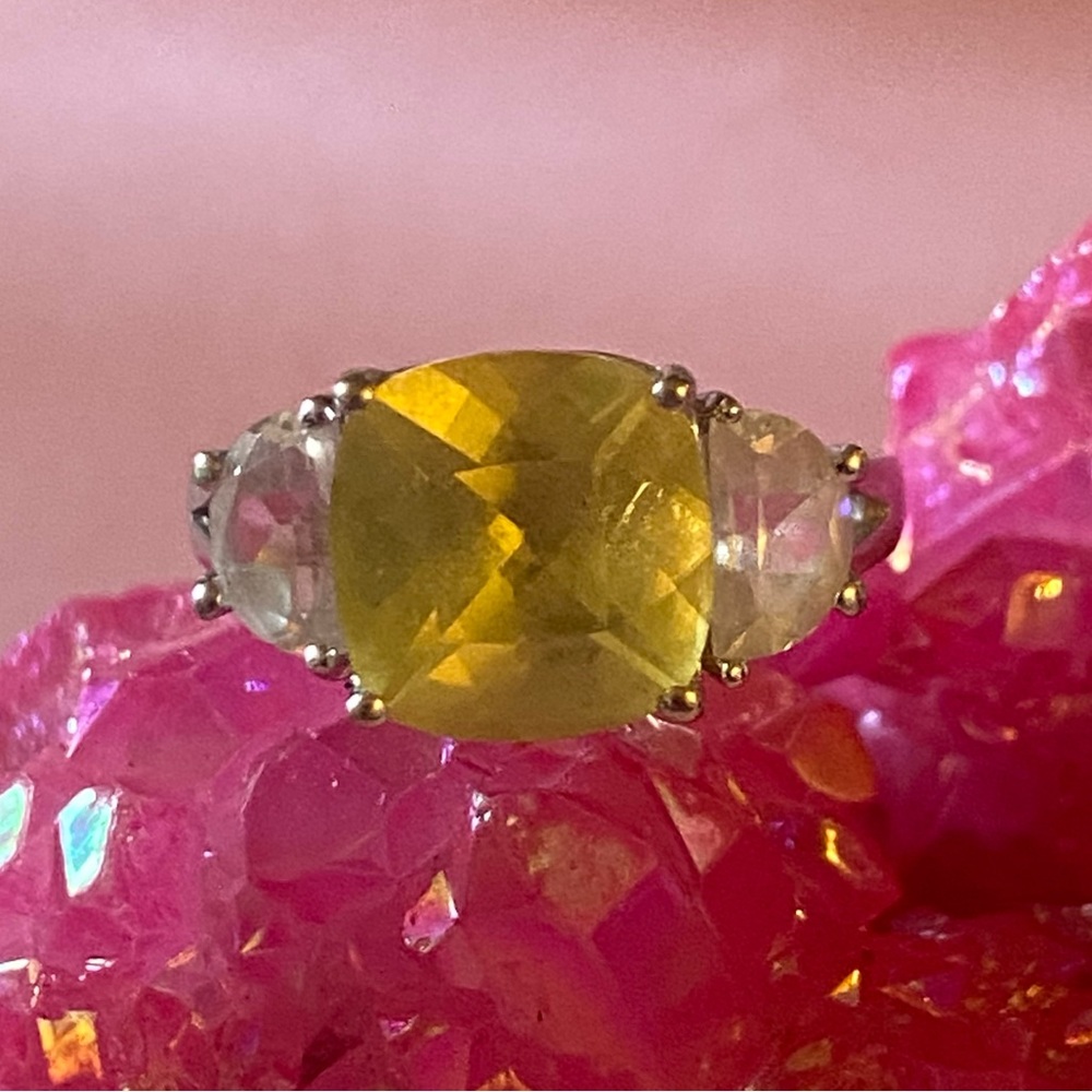 Platinum On 10K White Gold Yellow Sapphire White Topaz Ring #8044